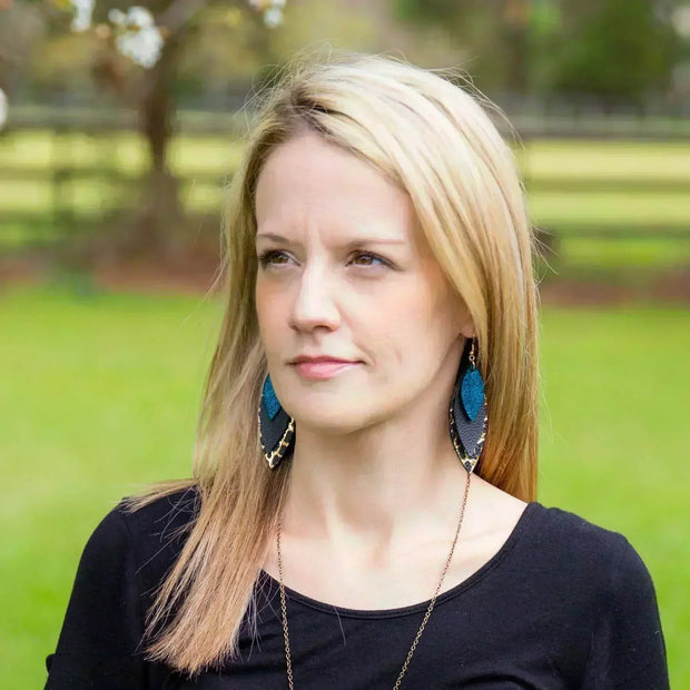 DOROTHY - Leather Earrings   ||  <BR> CHUNKY GOLD JEWELS GLITTER (FAUX LEATHER),  <BR>  TEAL BRAID, <BR> DISTRESSED BURGUNDY