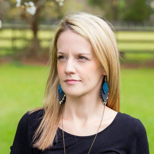 DOROTHY - Leather Earrings   ||  <BR> BURGUNDY BRAID, <BR> AUTUMN FLORAL,  <BR> MATTE NAVY BLUE