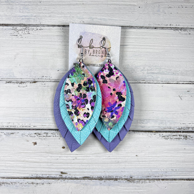 GINGER - Leather Earrings  ||  <BR>  PURPLE FLORAL CHEETAH, <BR> AQUA SAFFIANO,  <BR> LAVENDER