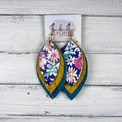 GINGER - Leather Earrings  ||  <BR>  FLORAL ON NAVY BACKGROUND, <BR> MUSTARD BRAID,  <BR> MATTE DARK TEAL