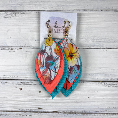 GINGER - Leather Earrings  ||  <BR>  ORANGE WATERCOLOR FLORAL, <BR> NEON ORANGE SAFFIANO,  <BR> AQUA KNOT WEAVE