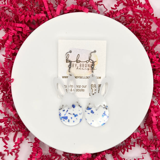 ACRYLIC EARRINGS || <BR> BUNNY + EGG (BLUE GLITTER)