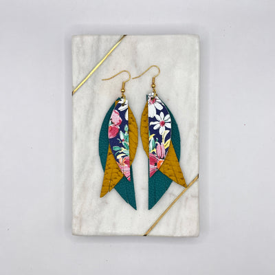 ANDY - Leather Earrings  ||  <BR>  FLORAL ON NAVY BACKGROUND, <BR> MUSTARD BRAID,  <BR> MATTE DARK TEAL