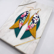 ANDY - Leather Earrings  ||  <BR>  FLORAL ON NAVY BACKGROUND, <BR> MUSTARD BRAID,  <BR> MATTE DARK TEAL