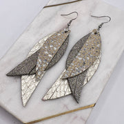 ANDY - Leather Earrings  ||  <BR>  IVORY STINGRAY, <BR> SHIMMER LINEN,  <BR> METALLIC CHAMPAGNE COBRA