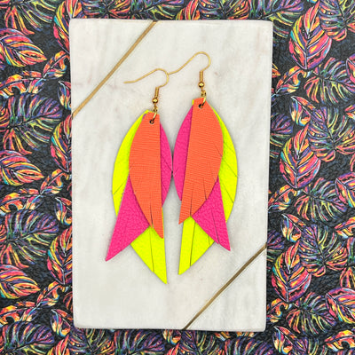 ANDY - Leather Earrings  ||  <BR>  NEON ORANGE SAFFIANO, <BR> MATTE NEON PINK,  <BR> MATTE NEON YELLOW