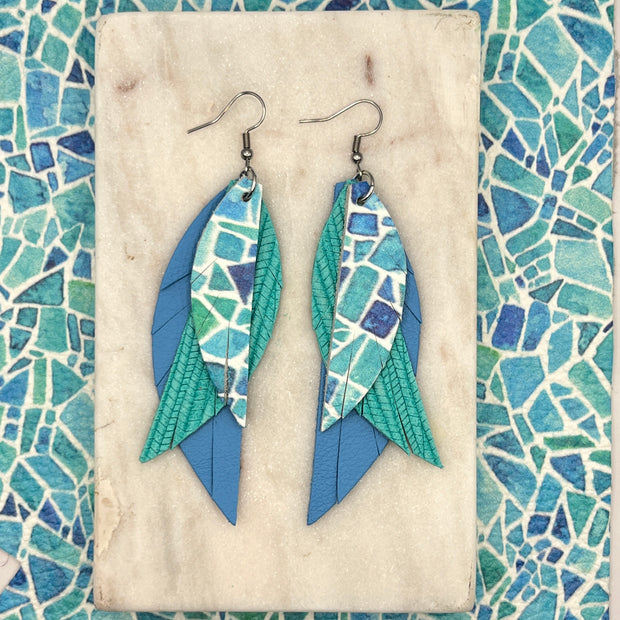 ANDY - Leather Earrings  ||  <BR>  BLUE MOSAIC GLASS, <BR>AQUA PALMS,  <BR> MATTE CAROLINA BLUE