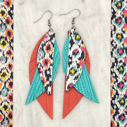 ANDY - Leather Earrings  ||  <BR>  MULTICOLOR IKAT, <BR> AQUA PALMS,  <BR> MATTE SALMON