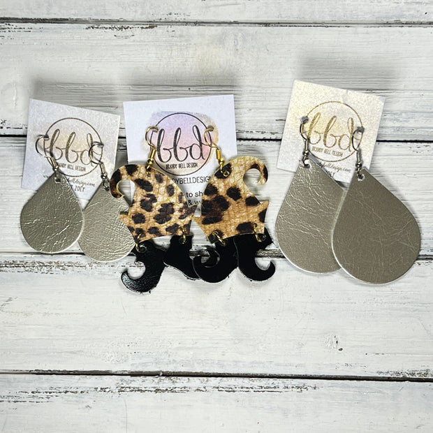 ELVES -  Leather Earrings  ||  <BR> CARAMEL LEOPARD,  <BR> SHIMMER BLACK,