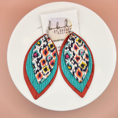 GINGER - Leather Earrings  ||  <BR>  MULTICOLOR IKAT, <BR> AQUA PALMS,  <BR> MATTE SALMON