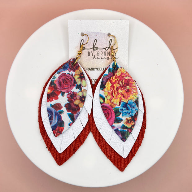 GINGER - Leather Earrings  ||  <BR>  TUTTI FRUITTI FLORAL, <BR> MATTE WHITE,  <BR> RED PALMS