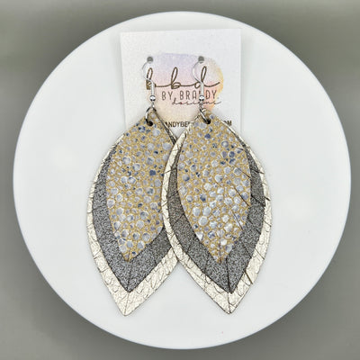 GINGER - Leather Earrings  ||  <BR>  IVORY STINGRAY, <BR> SHIMMER LINEN,  <BR> METALLIC CHAMPAGNE COBRA