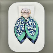 GINGER - Leather Earrings  ||  <BR>  BLUE & SAGE CHEETAH, <BR> MINT GLAZED NUBUCK,  <BR> METALLIC NAVY SMOOTH