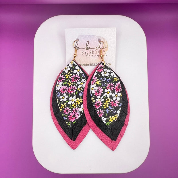 GINGER - Leather Earrings  ||  <BR>  PURPLE & PINK MINI FLORAL, <BR> SHIMMER BLACK,  <BR> MATTE PINK