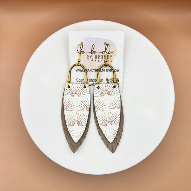 GRACE *Limited Edition* || Leather Earrings with BRASS ARCH  || <BR> BOHO SUNBURST, <BR> PEARLIZED IVORY