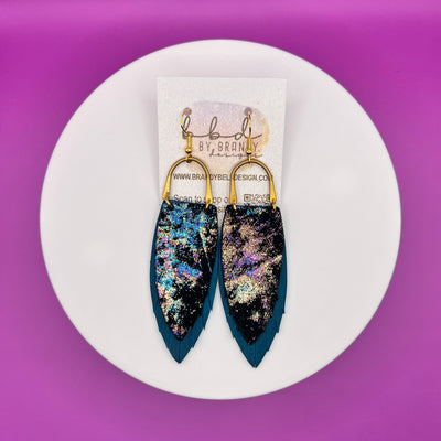GRACE *Limited Edition* || Leather Earrings with BRASS ARCH  || <BR> IRIDESCENT NORTHERN LIGHTS, <BR> DISTRESSED DEEP TEAL