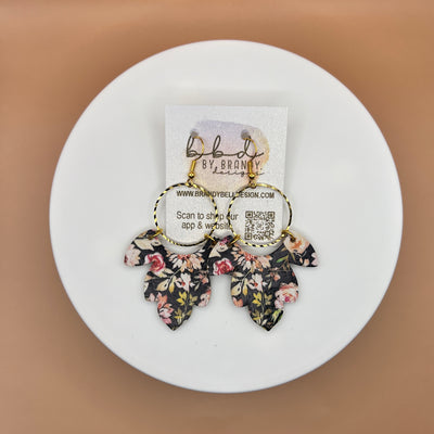 IVY - Leather Earrings  ||  <BR> PINK FLORAL ON BLACK (CORK ON LEATHER)