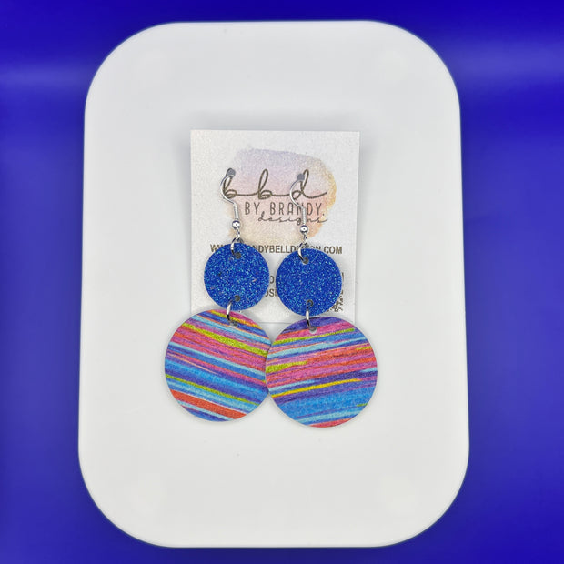 CALLIE - Leather Earrings  ||  <BR> BLUE FINE GLITTER, <BR> MULTICOLOR STRIPE