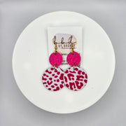 CALLIE - Leather Earrings  ||  <BR> NEON PINK FINE GLITTER, <BR> FELTED PINK & WHITE ANIMAL PRINT (RAISED TEXTURE)