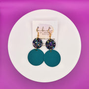 CALLIE - Leather Earrings  ||  <BR> BEJEWELED CHUNKY GLITTER, <BR> MATTE DARK TEAL