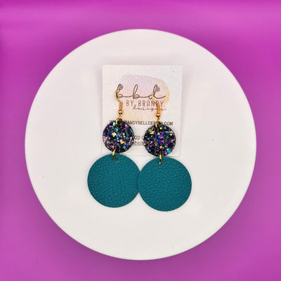 CALLIE - Leather Earrings  ||  <BR> BEJEWELED CHUNKY GLITTER, <BR> MATTE DARK TEAL