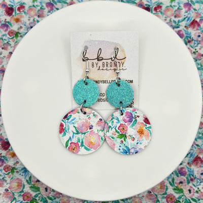 CALLIE - Leather Earrings  ||  <BR> AQUA FINE GLITTER, <BR> TINY PINK & TURQUOISE FLORAL