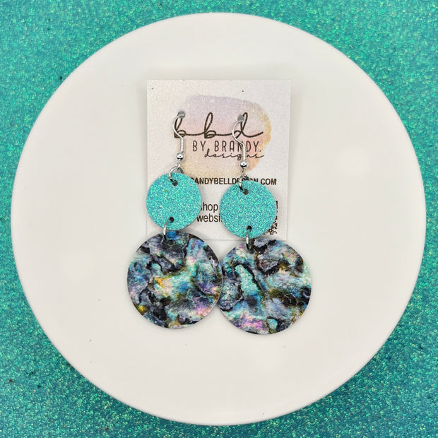 CALLIE - Leather Earrings  ||  <BR> AQUA FINE GLITTER, <BR> ABALONE