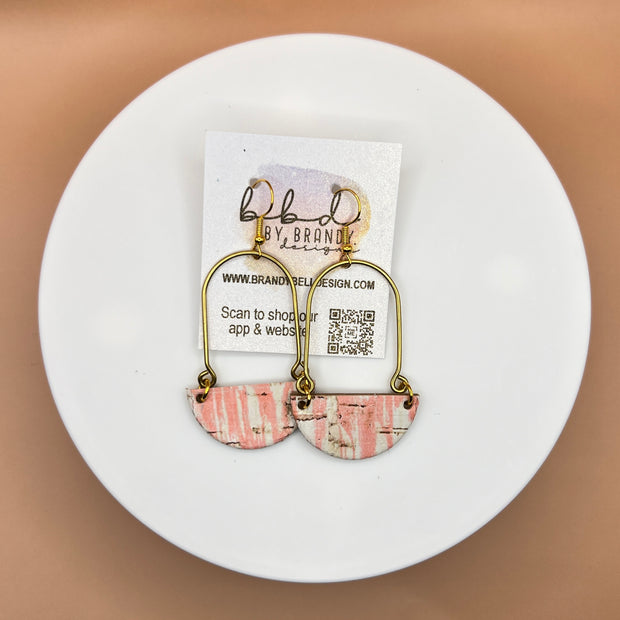 PIPER -  Leather Earrings  ||  <BR>  PINK & WHITE (CORK ON LEATHER)