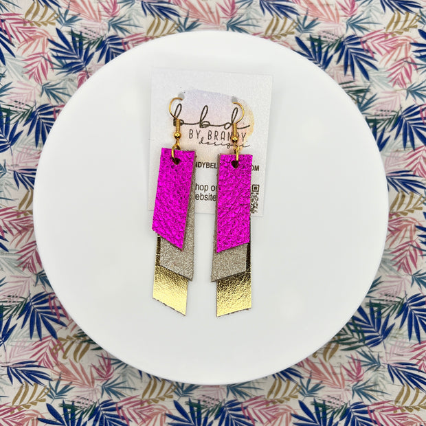 CODY - Leather Earrings  ||  <BR>  METALLIC NEON PINK, <BR> SHIMMER CHAMPAGNE,  <BR> METALLIC GOLD SMOOTH