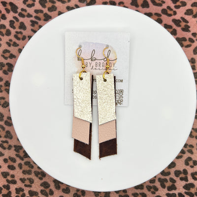 CODY - Leather Earrings  ||  <BR>  SHIMMER CHAMPAGNE PEBBLED, <BR> MATTE BLUSH PINK,  <BR> DISTRESSED BROWN