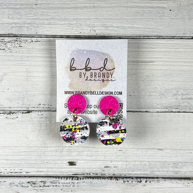 LUNA -  Leather Earrings ON POST  ||  NEON PINK FINE GLITTER (ON CORK), <BR>  PAINT SPLATTER ON STRIPES