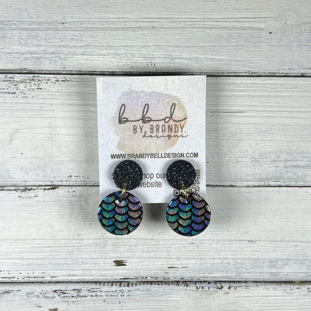 LUNA -  Leather Earrings ON POST  ||  BLACK FINE GLITTER (ON CORK), <BR>  METALLIC ANTIQUE MERMAID