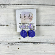 LUNA -  Leather Earrings ON POST  ||  IRIDESCENT CHUNKY GLITTER (ON CORK), <BR> PERIWINKLE SAFFIANO