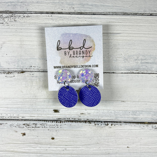 LUNA -  Leather Earrings ON POST  ||  IRIDESCENT CHUNKY GLITTER (ON CORK), <BR> PERIWINKLE SAFFIANO