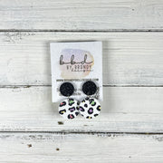 LUNA -  Leather Earrings ON POST  ||  BLACK FINE GLITTER (ON CORK), <BR>  PASTEL LEOPARD