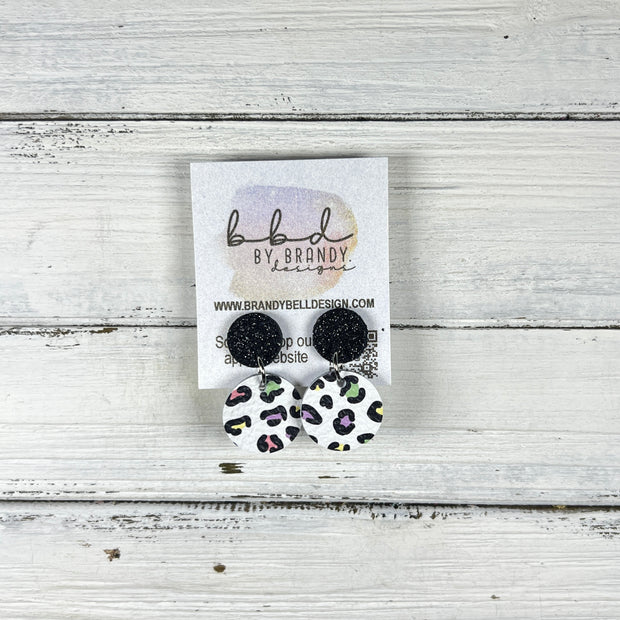 LUNA -  Leather Earrings ON POST  ||  BLACK FINE GLITTER (ON CORK), <BR>  PASTEL LEOPARD