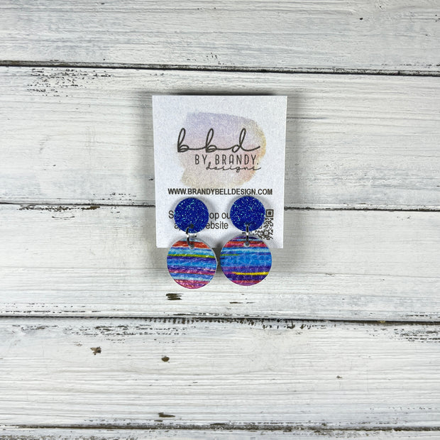 LUNA -  Leather Earrings ON POST  ||  <BR> BLUE FINE GLITTER, <BR> MULTICOLOR STRIPE