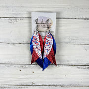 ANDY - Leather Earrings  ||  <BR>  AMERICANA- WITH FLAGS (FAUX LEATHER), <BR> METALLIC RED PEBBLED,  <BR>METALLIC BLUE SMOOTH