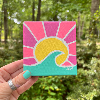 4" x 4" x 1.5" MINI Painting on wrapped canvas by Brandy Bell - Aqua Wave + Sun