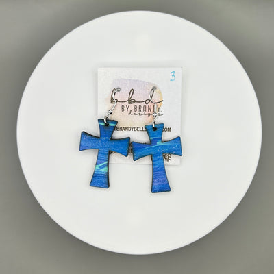 HAND-PAINTED WOODEN CROSS ||  <br> Hand-painted earrings by Brandy Bell <br> BLUE #3