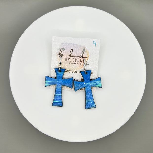 HAND-PAINTED WOODEN CROSS ||  <br> Hand-painted earrings by Brandy Bell <br> BLUE #4