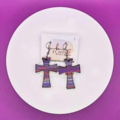 HAND-PAINTED WOODEN CROSS ||  <br> Hand-painted earrings by Brandy Bell <br> PURPLE & PINK #1