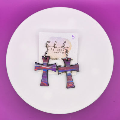 HAND-PAINTED WOODEN CROSS ||  <br> Hand-painted earrings by Brandy Bell <br> PURPLE & PINK #5