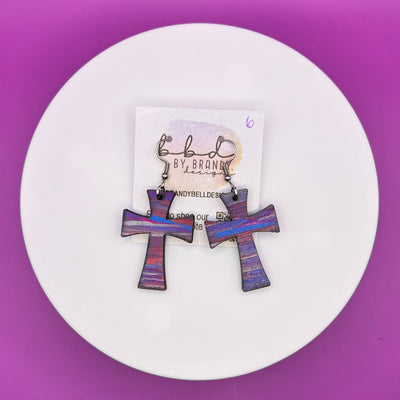 HAND-PAINTED WOODEN CROSS ||  <br> Hand-painted earrings by Brandy Bell <br> PURPLE & PINK #6