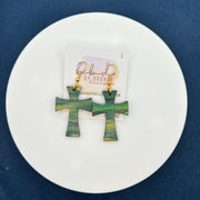 HAND-PAINTED WOODEN CROSS ||  <br> Hand-painted earrings by Brandy Bell <br> GREEN, MUSTARD & NAVY #1