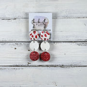 DAISY - Leather Earrings  ||  <BR>  RED & WHITE LEOPARD (ON CORK), <BR> PEARL WHITE,  <BR> METALLIC RED PEBBLED