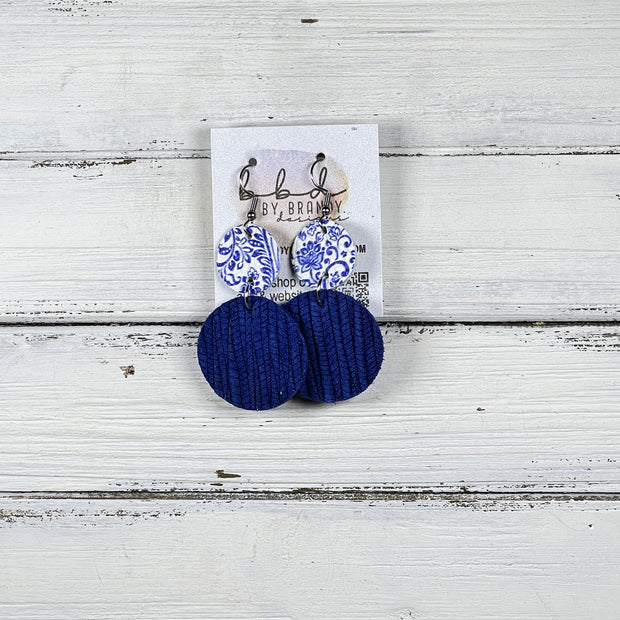 CALLIE - Leather Earrings  ||  <BR>BLUE & WHITE FLORAL, <BR> COBALT BLUE PALMS