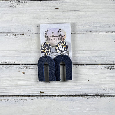 HOPE - Leather Earrings  ||  <BR> POPPY FLORAL ON NAVY, <BR> MATTE NAVY BLUE