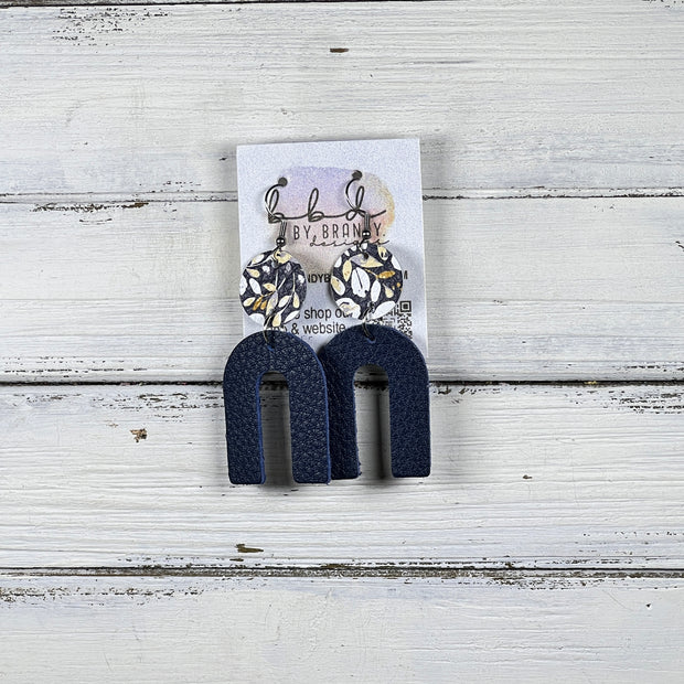 HOPE - Leather Earrings  ||  <BR> POPPY FLORAL ON NAVY, <BR> MATTE NAVY BLUE