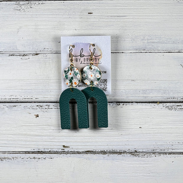 HOPE - Leather Earrings  ||  <BR> DAISIES ON GRAY, <BR> MATTE DARK EMERALD GREEN